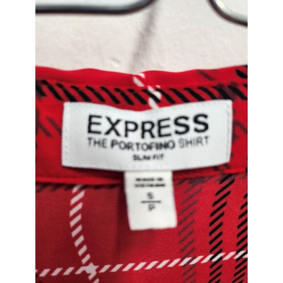 Express Womens Portofino Shirt Small Red Plaid Button Up Slim Fit Long Sleeve - Picture 4 of 7